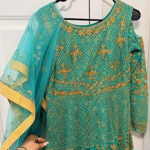 Anarkali Indian Wear Teal Green & Gold High-Low Women's Dress with Dupatta